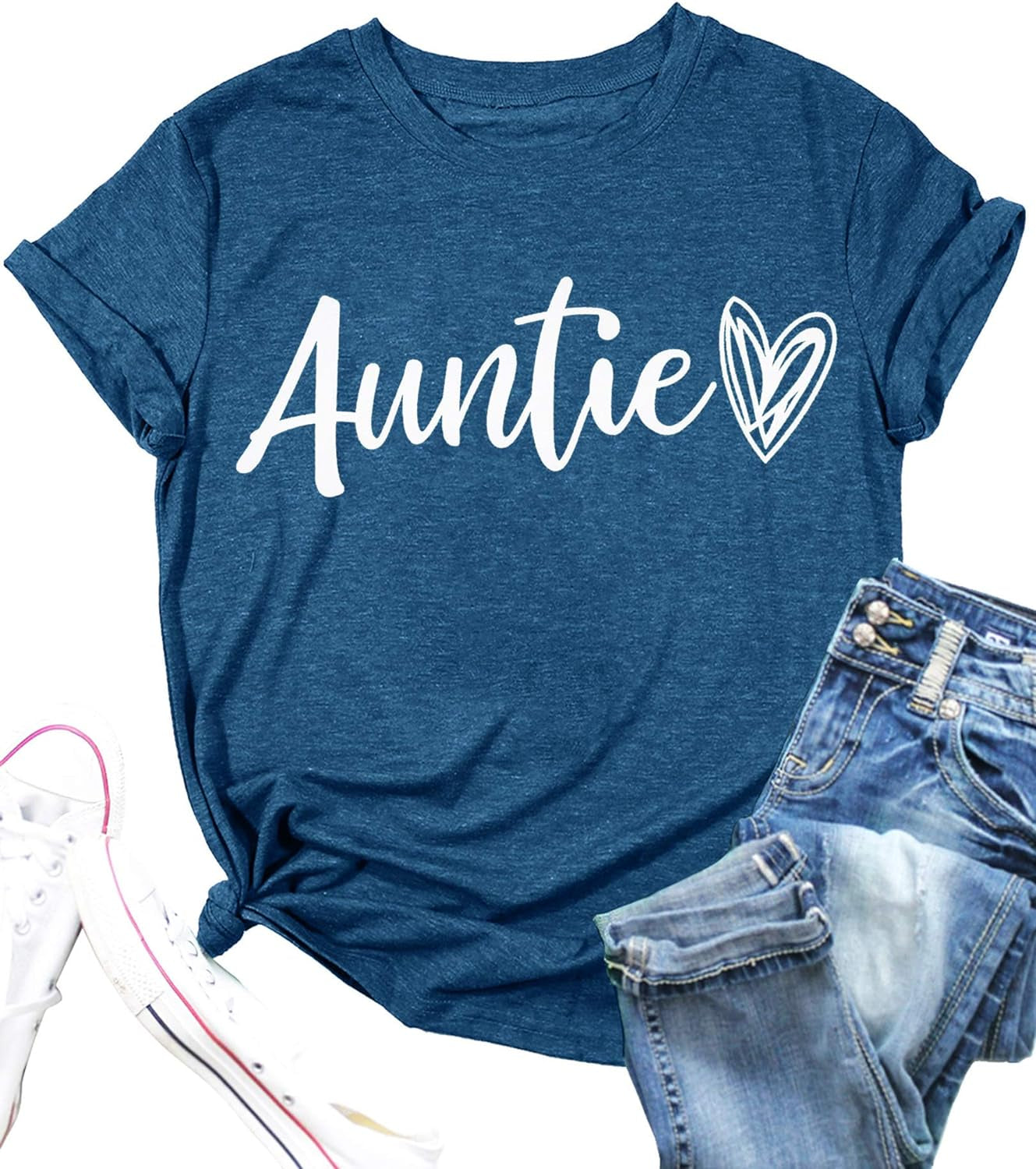 Auntie T Shirt Women Cute Love Heart Print Bless Aunt Tops Tees Casual Short Sleeve Vacation Shirts Tops